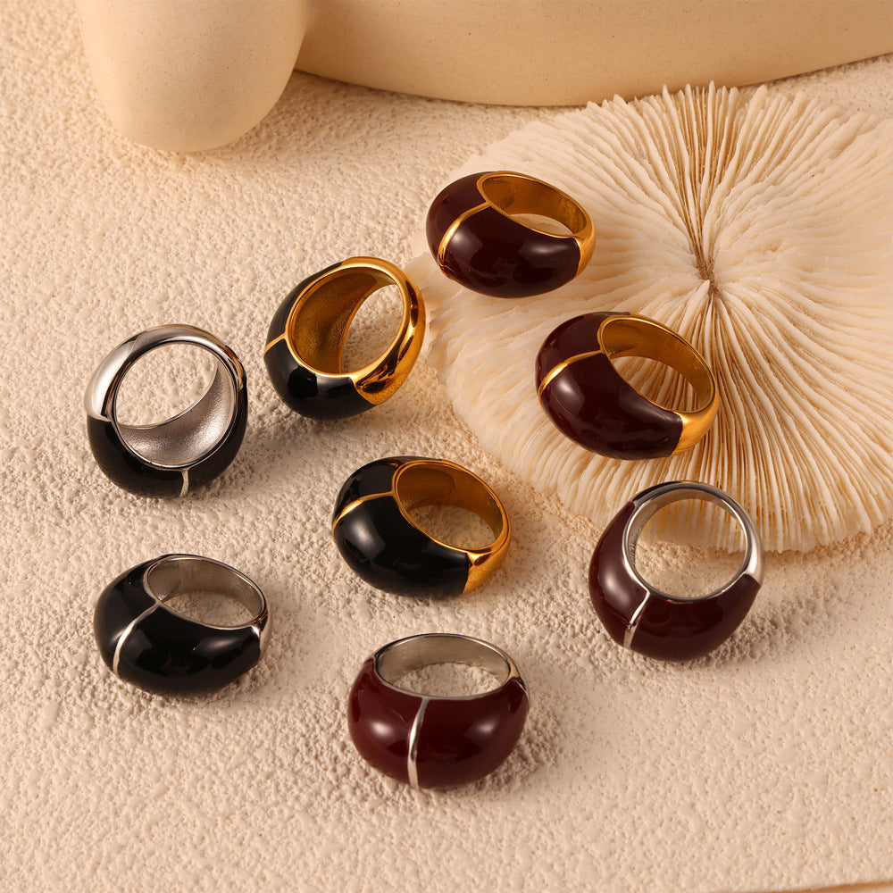 Golden Geometric Design Titanium Steel Ring with Dripping Oil Detail