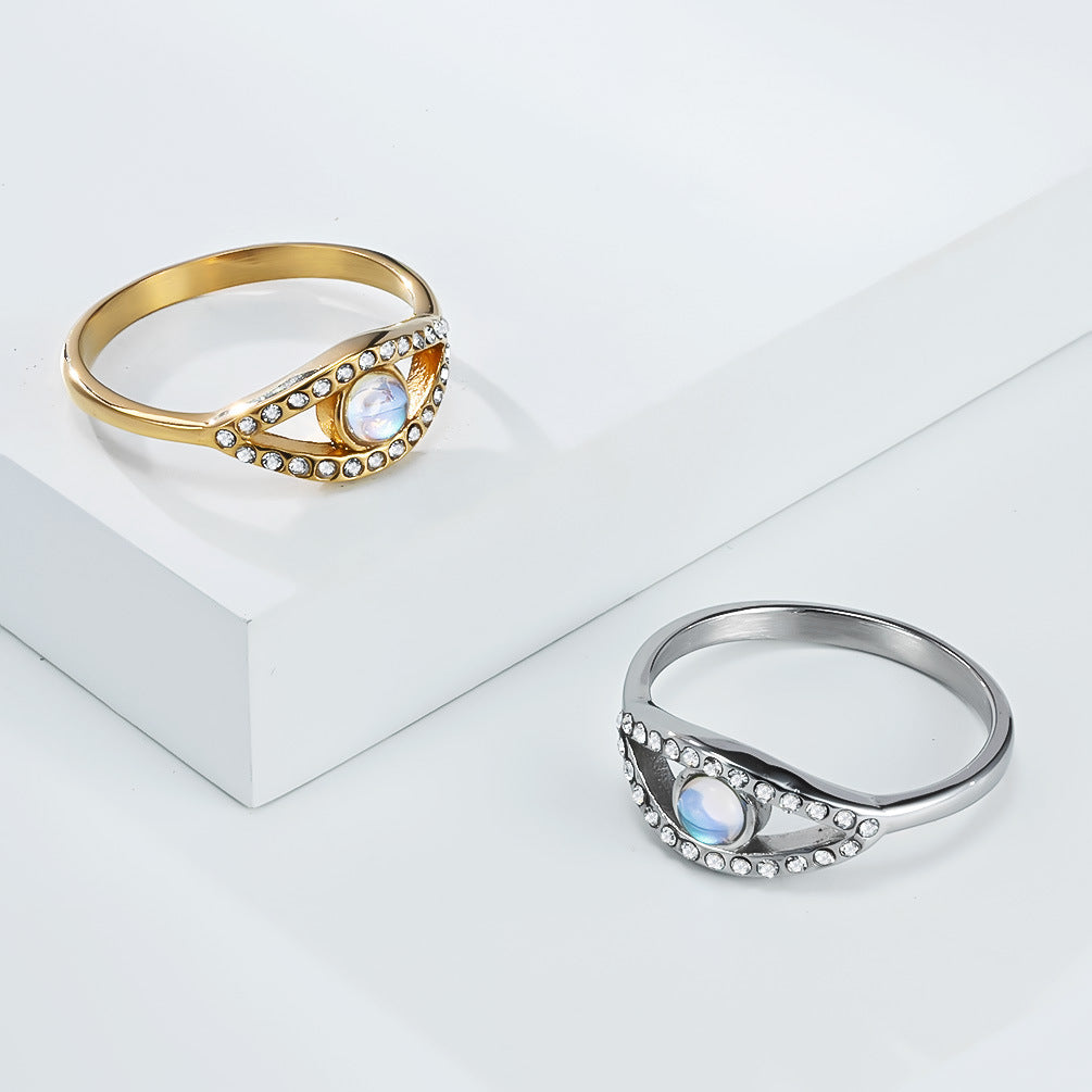 Planderful Moonstone Eye Ring For Women Light Luxury Retro Style Titanium Steel Hand Jewelry