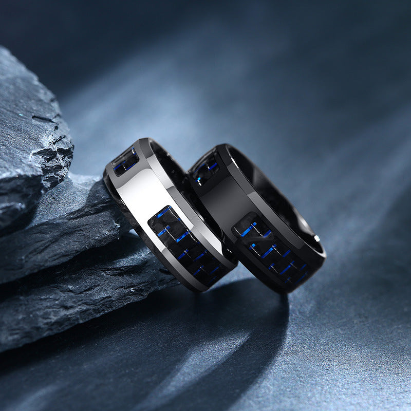 Face Width 8MM Stainless Steel Men's Ring Blue Black Carbon Fiber