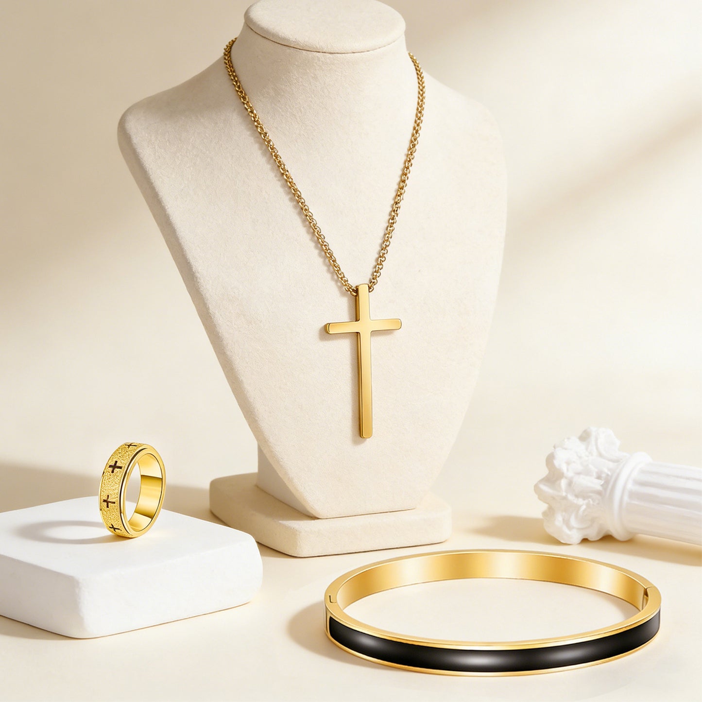 Planderful Everyday Genie Cross Design Stainless Steel Ring Bracelet Necklace Set For Women And Unisex Statement Jewelry