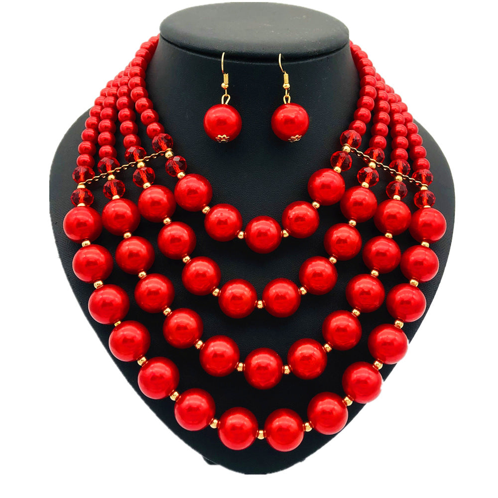 Vibrant Imitation Pearl Multi-layer Jewelry Set with a Touch of Europe and America, Amazon Necklace Set