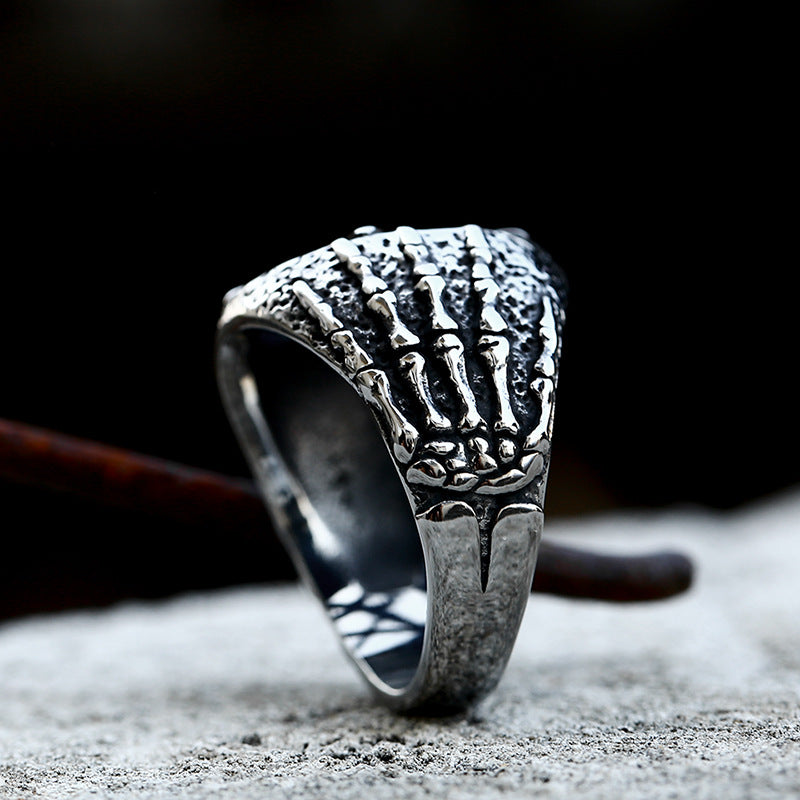 Domineering Titanium Steel Men's Retro Pentagram Ring with Stainless Steel Hand Bone Design