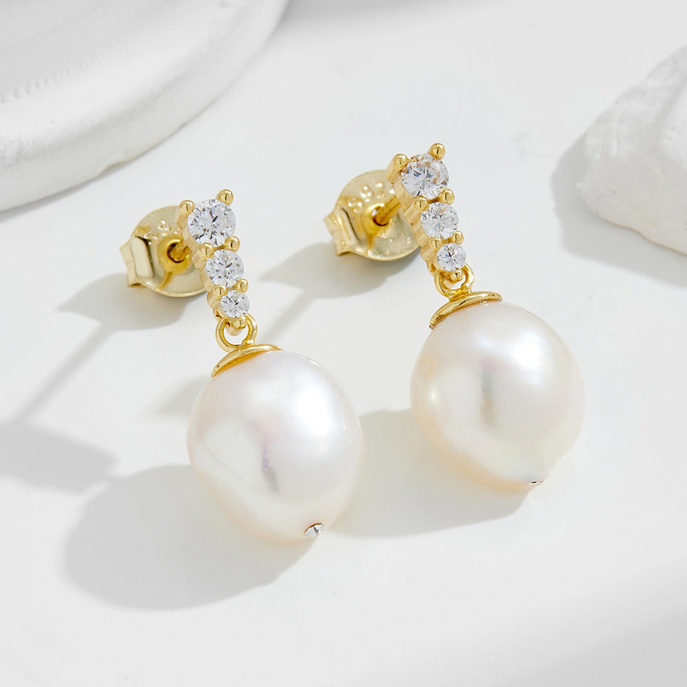 S925 Sterling Silver Natural Freshwater Baroque Pearl Earrings Micro Zircon Stud Earrings
