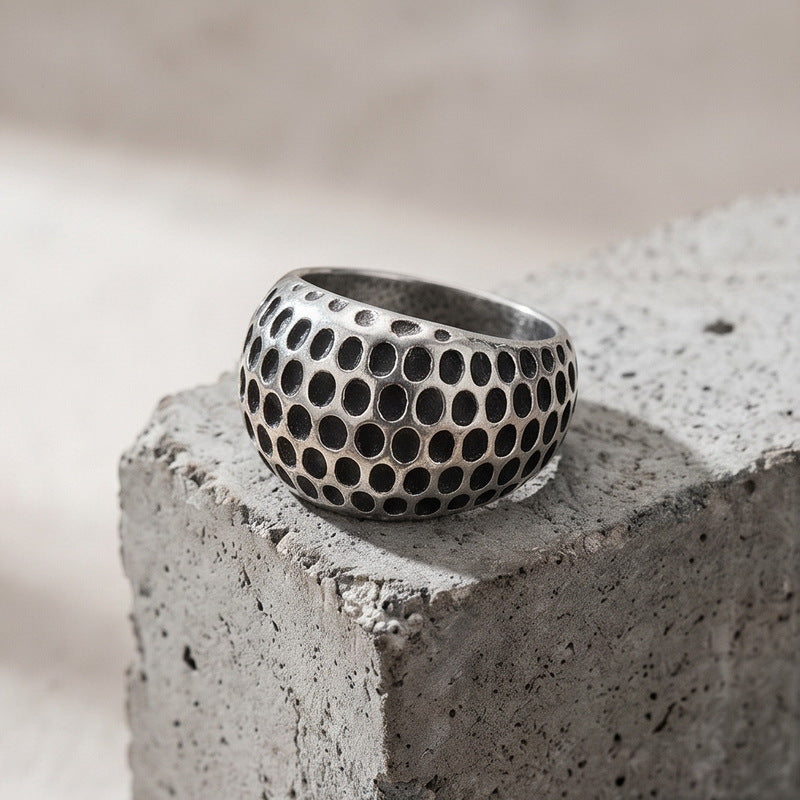 17mm Polka Dot Hammer Spherical Ring Punk Vintage Casting Meteorite Stainless Steel Men's