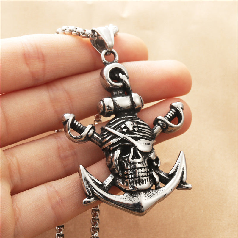 Titanium Steel Pirate Anchor Pendant Necklace for Men - Retro Punk Style in Stainless Steel