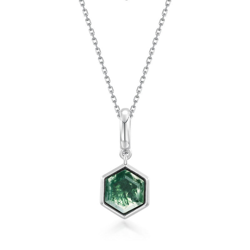 S925 Sterling Silver Moss Agate Geometric Pendant Necklace