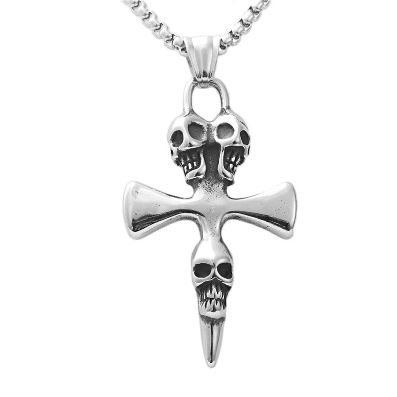 Personalized Retro Titanium Steel Cross Pendant Necklace for Men with Ghost Head Design