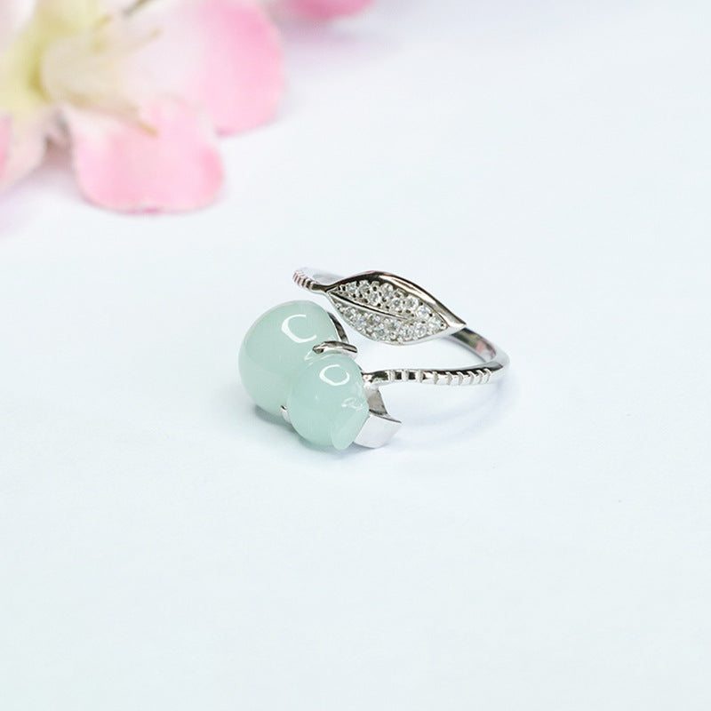 Elegant Sterling Silver Gourd and Leaf Jade Ring