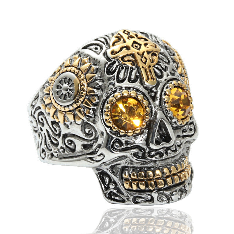 Planderful Skull Ring Titanium Steel Engraved Ghost Head Green Eye Unisex Protection For Men