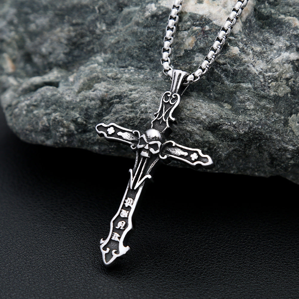 Planderful Vintage Skull Necklace with Stainless Steel Cross Pendant