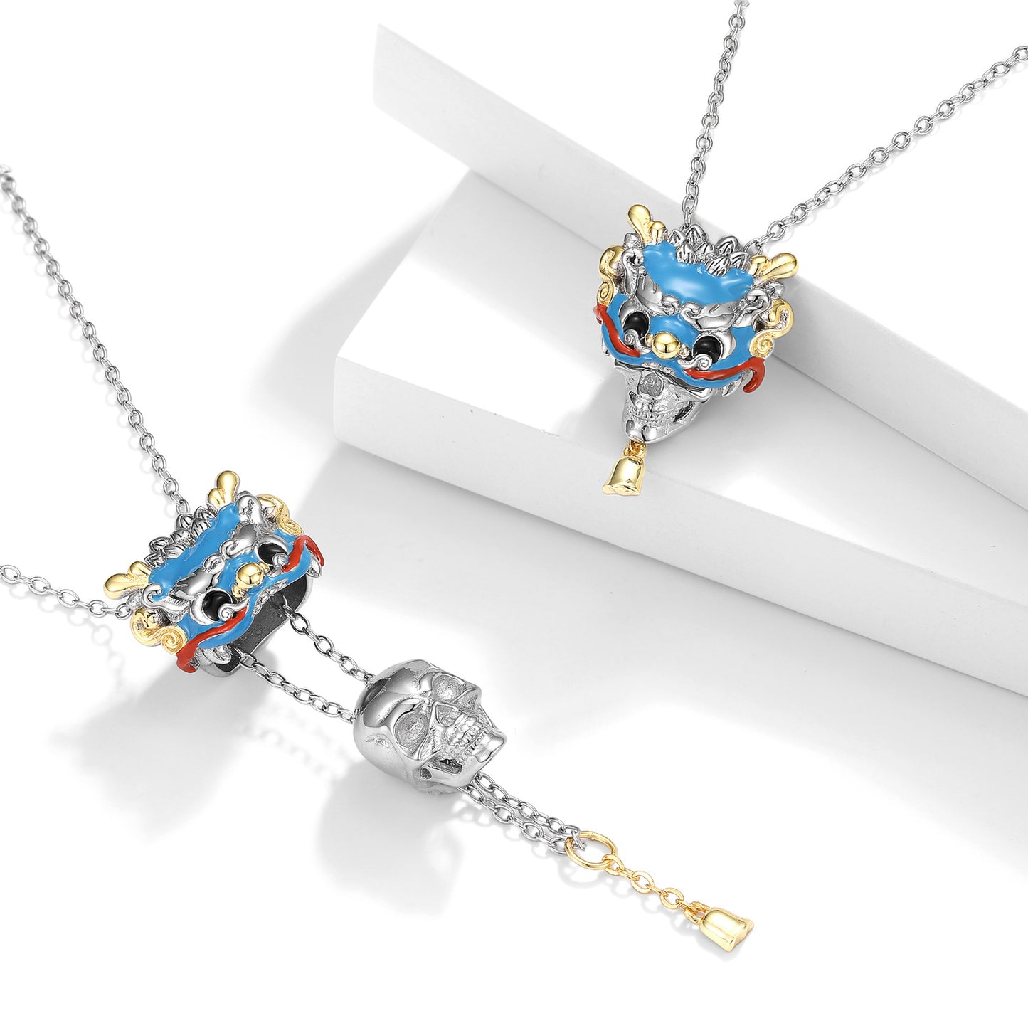 Halloween Colourful Lion Dance Head Skull Silver Necklace