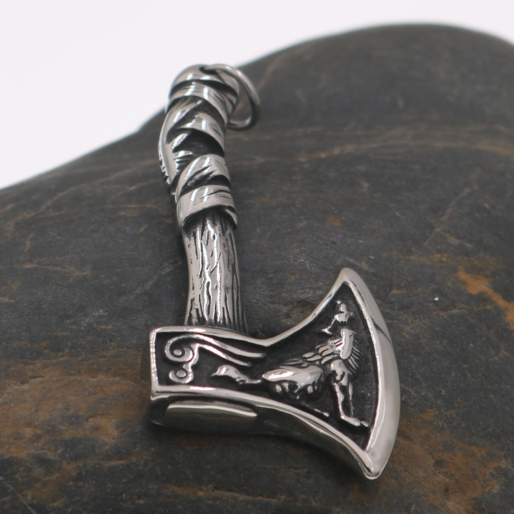 Viking Odin Axe Stainless Steel Pendant Necklace with Norse Crow Amulet