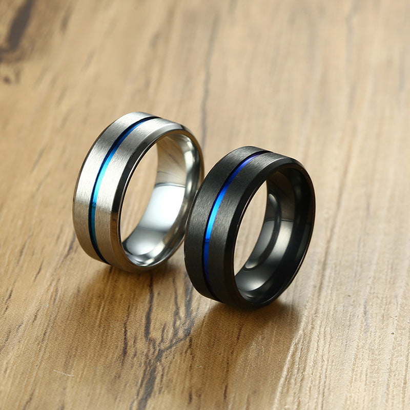 Men Rings Trend Titanium Steel Blue Joint Grooves Ring