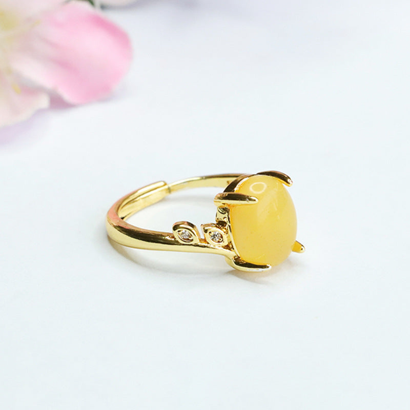 Honey Amber Zircon Leaf Sterling Silver Ring