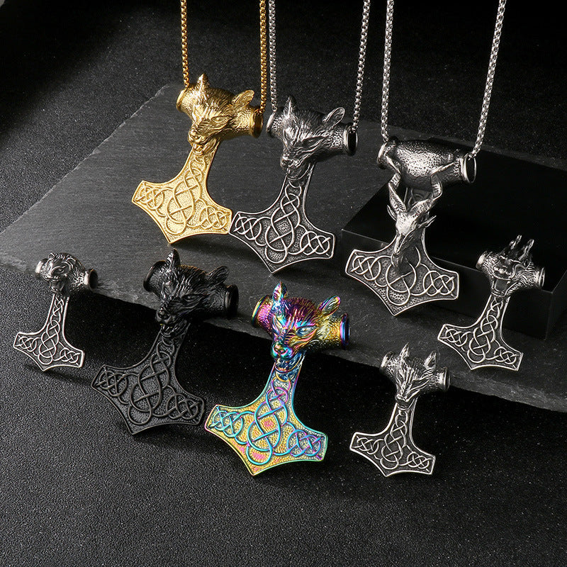 Retro Animal Pendant, Nordic Viking Wolf Head, Lion Head, Goat, Thor'S Hammer, Titanium Necklace