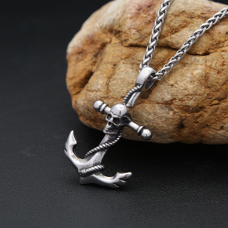 Trendy Titanium Steel Skull Head Anchor Necklace for Men
