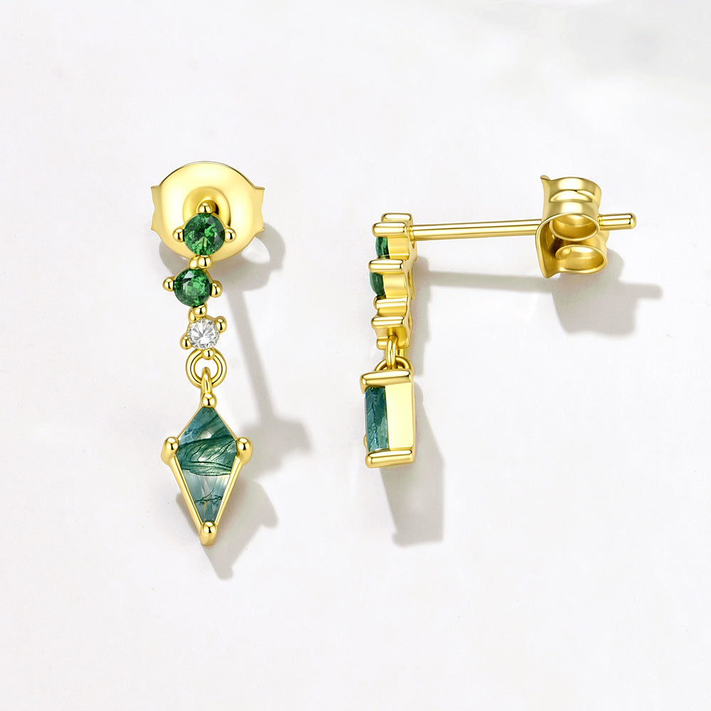 S925 Sterling Silver Natural Aquatic Agate Zircon Stud Earrings Geometric Rhombus Fringed Earrings