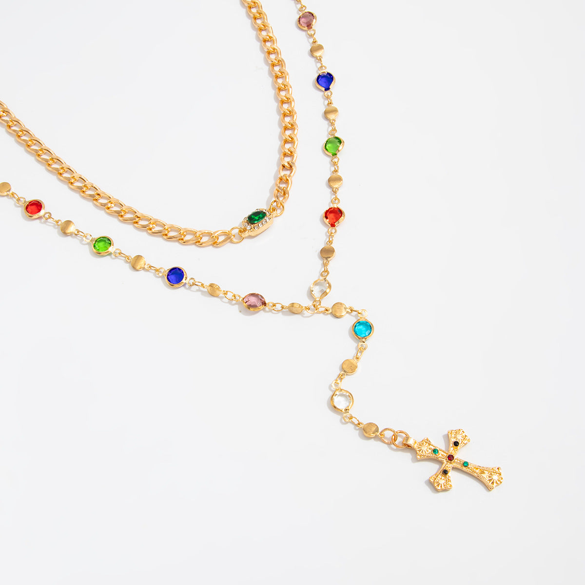 Colorful Crystal-Style Cross Y-Necklace
