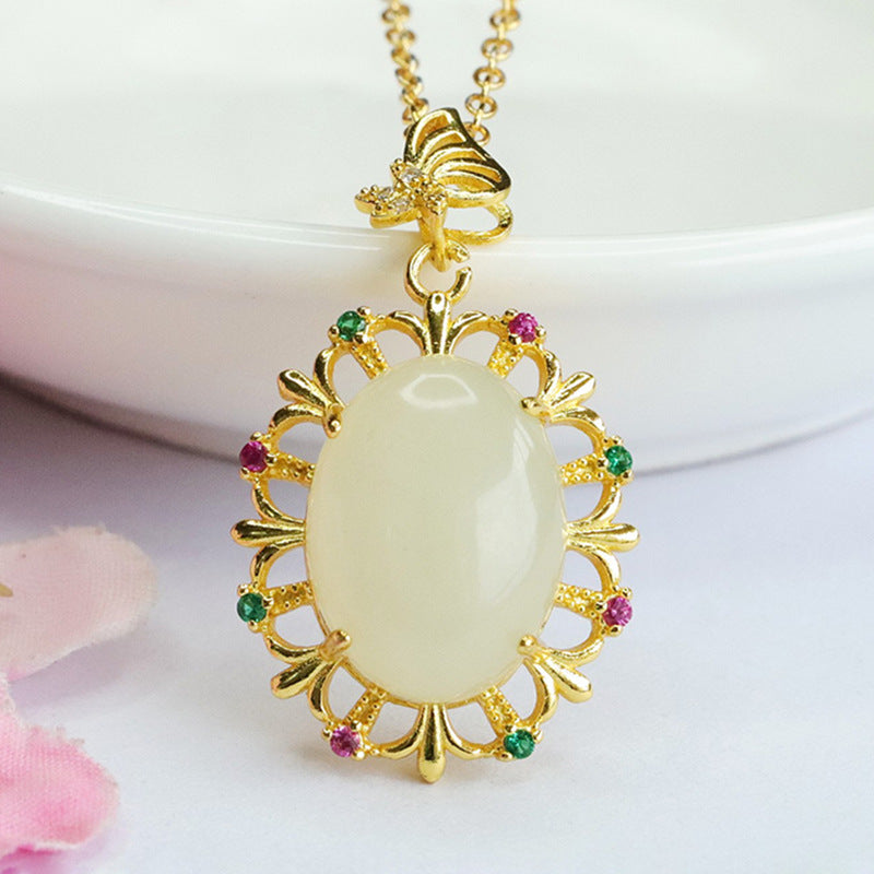 Jade Butterfly Necklace with Hetian Jade Pendant and Pigeon Eggs