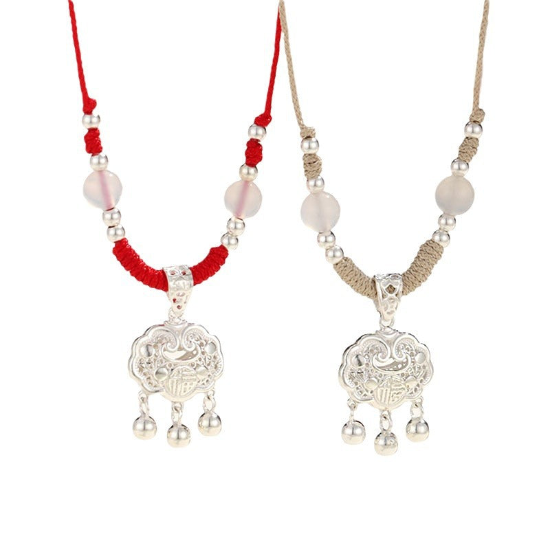 999 Silver Agate Red Cord Necklace