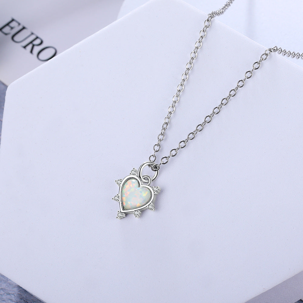 Heart Shape Opal with Small Zircon Sterling Silver Necklace