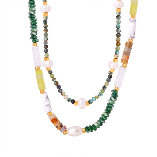 Luxurious Handcrafted Pearl Necklace with Natural Stone Accents