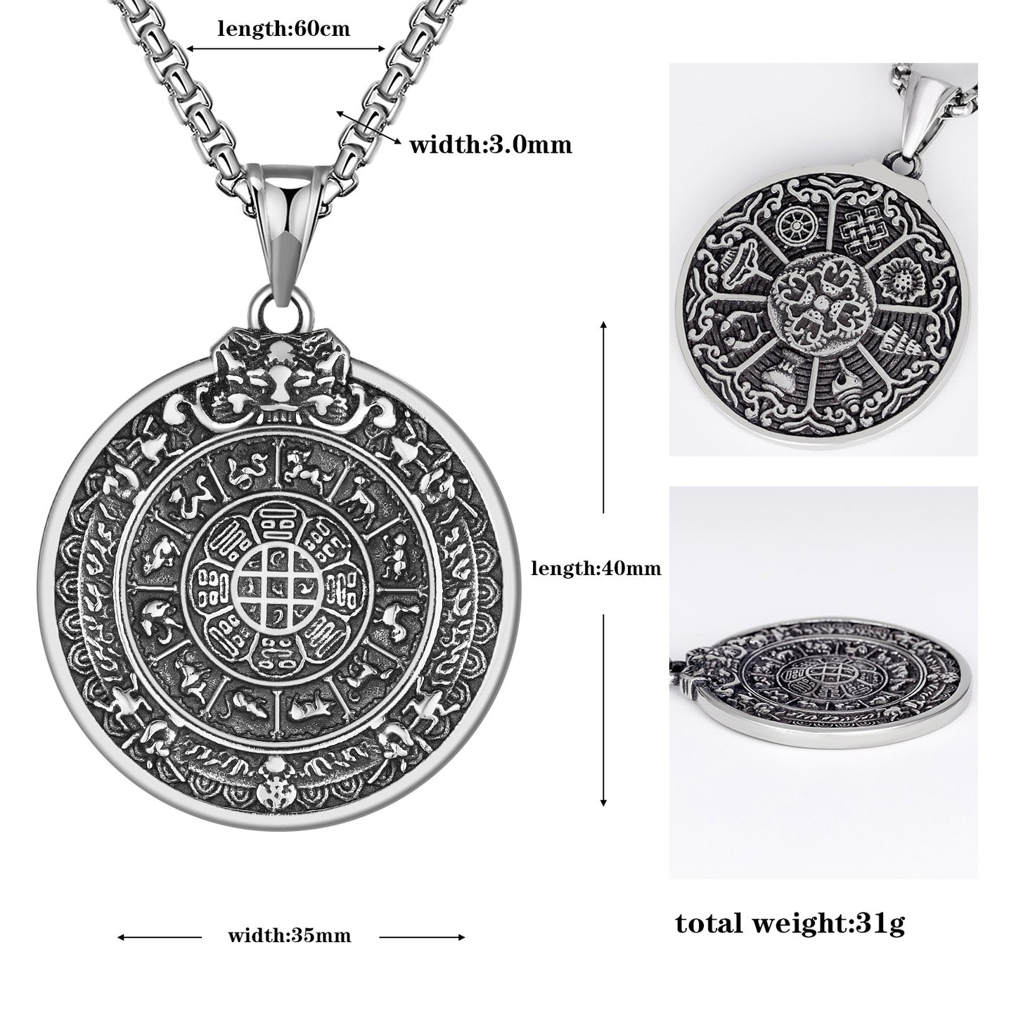 Titanium Steel Necklace – Vintage Tibetan Jiugong Eight Treasures Zodiac Pendant For Men And Women