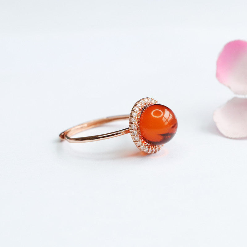 Sterling Silver Zircon Beeswax Amber Ring with Adjustable Diameter