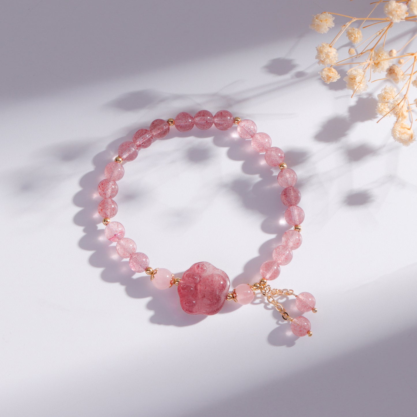 Strawberry Crystal Tassel Bracelet with Cat Claw Design