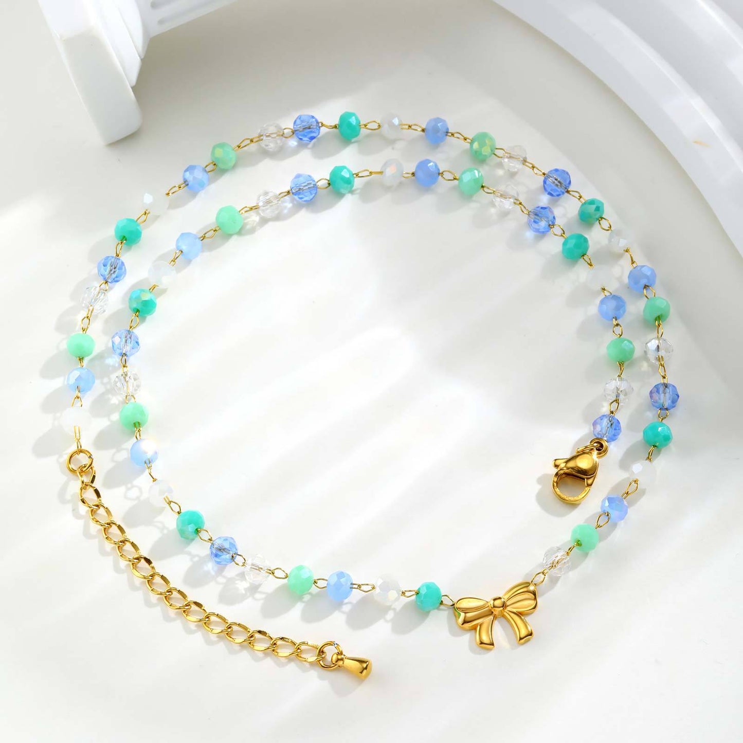 Ladies Sweet Little Fresh Stainless Steel Bow Color Gradual Change Bead Necklace