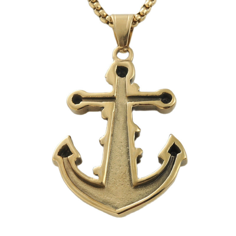 Titanium Steel Gold Anchor Hook Pendant Necklace for Men - Retro Trendy Design
