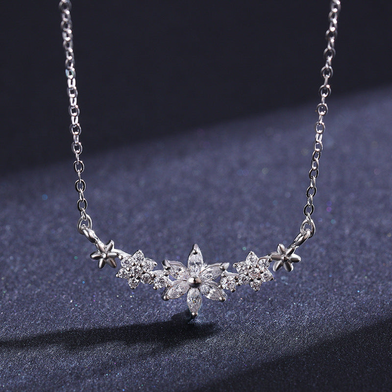 Exquisite Flower Sterling Silver Necklace with Zircon Detail