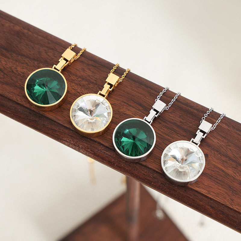 Circular Green and White Glass Stone Pendant Necklace for Women