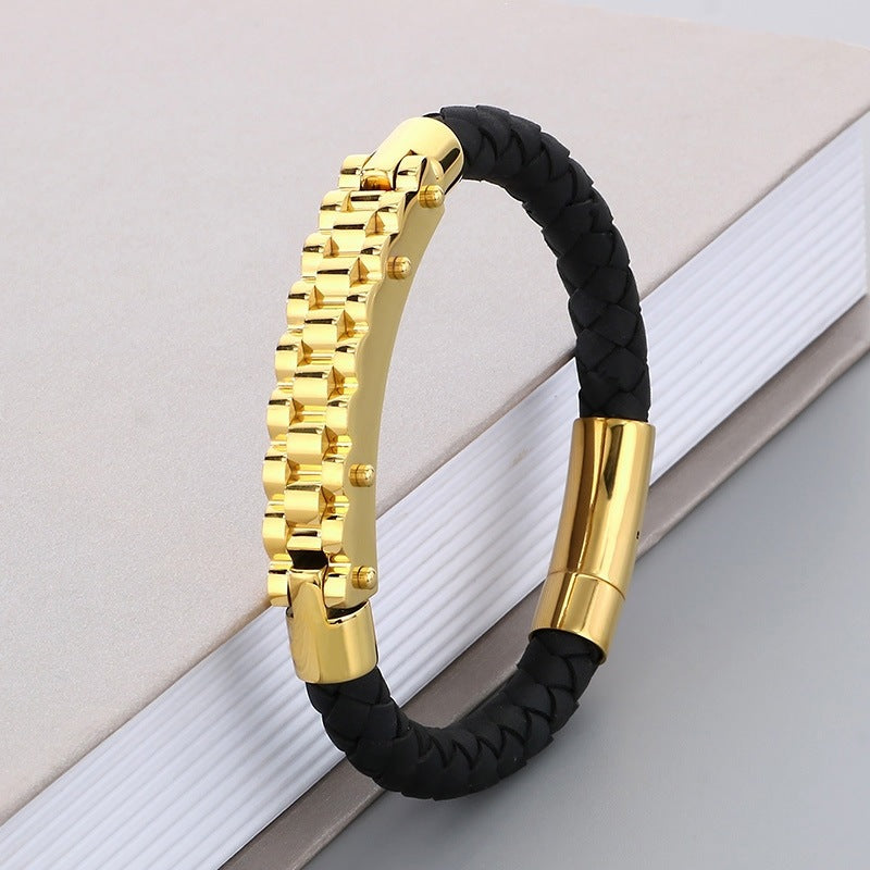 Business Style Strap Chain Woven Leather Rope Bracelet – Stainless Steel Bicycle Chain
