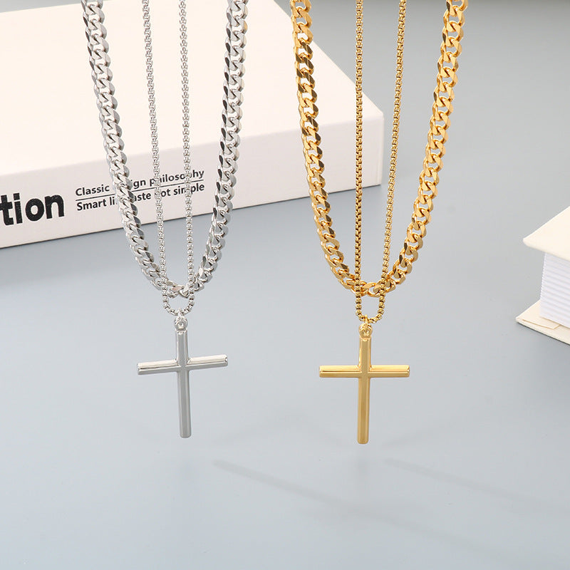 Glossy Cross Pendant Necklace, Six-Sided Grinding Square Pearl Chain Double-Layer Stacked Men's Necklace.