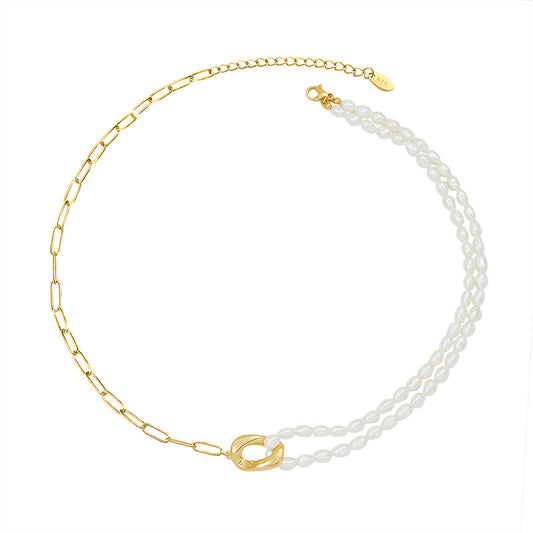 Luxurious Freshwater Pearl Necklace with Gold Plating and Titanium Steel - Chic and Durable Jewelry Accessory
