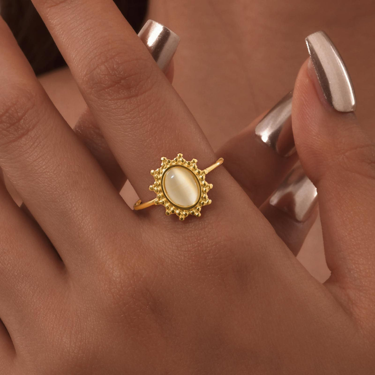 Stainless Steel 18k Gold Lace Oval Natural Stone Open Ring