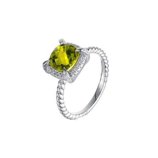 Soleste Halo Square Natural Olivine Silver Ring