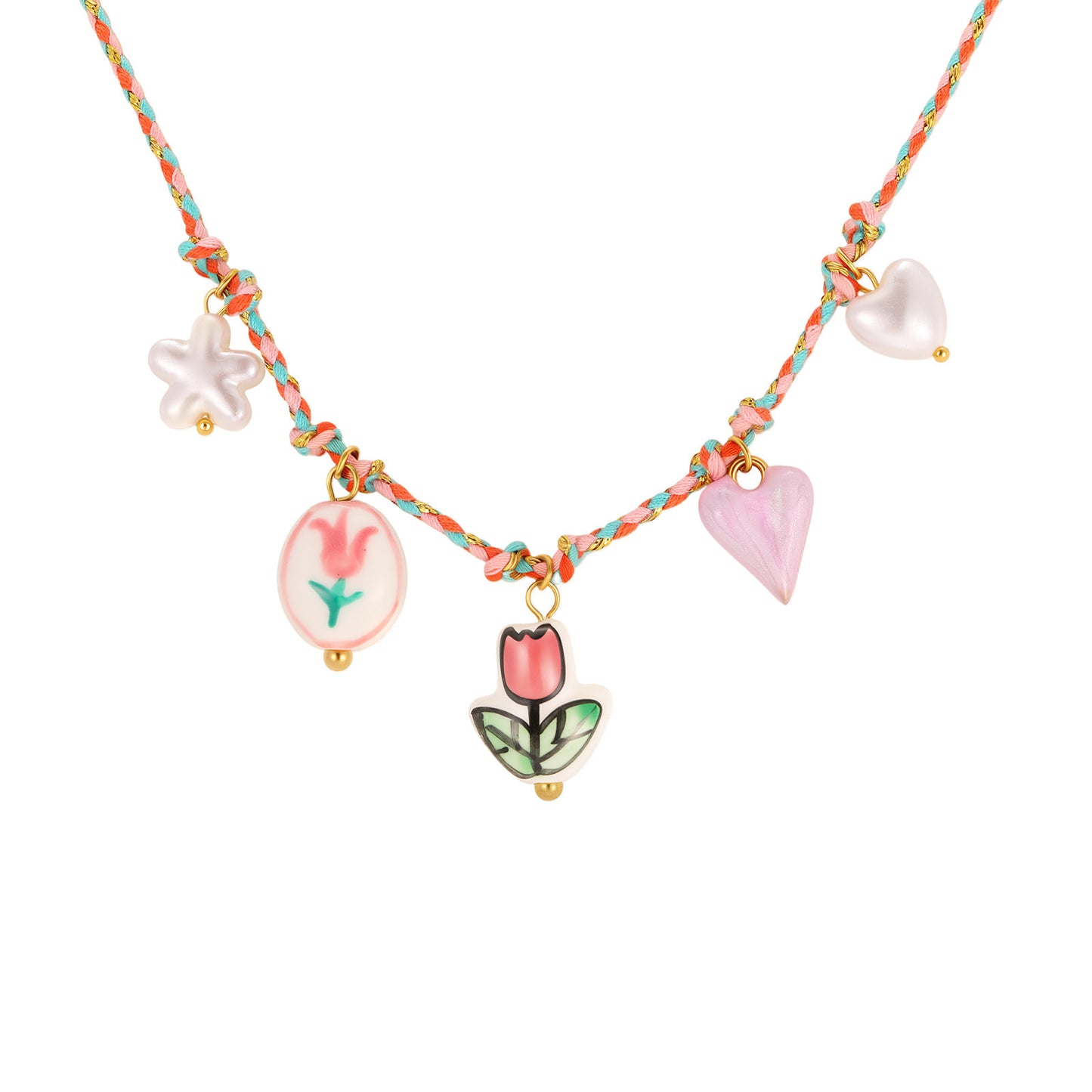 Dopamine Necklace Stainless Steel Ceramic Flower Heart Shaped Imitation Pearl Braided