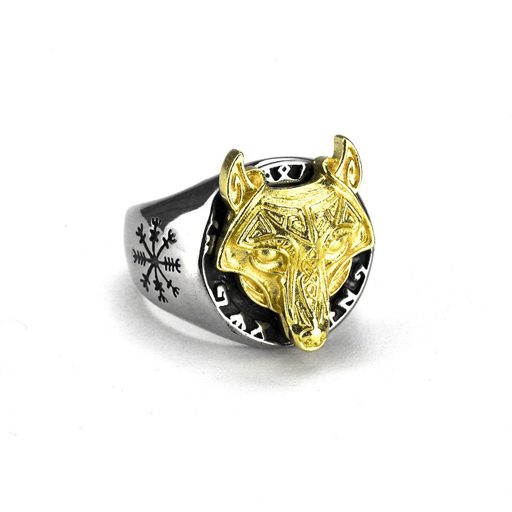European And American Jewelry Wholesale Men's Titanium Steel Ring Retro Wolf Head Viking Rune Compass Ring Rust Free