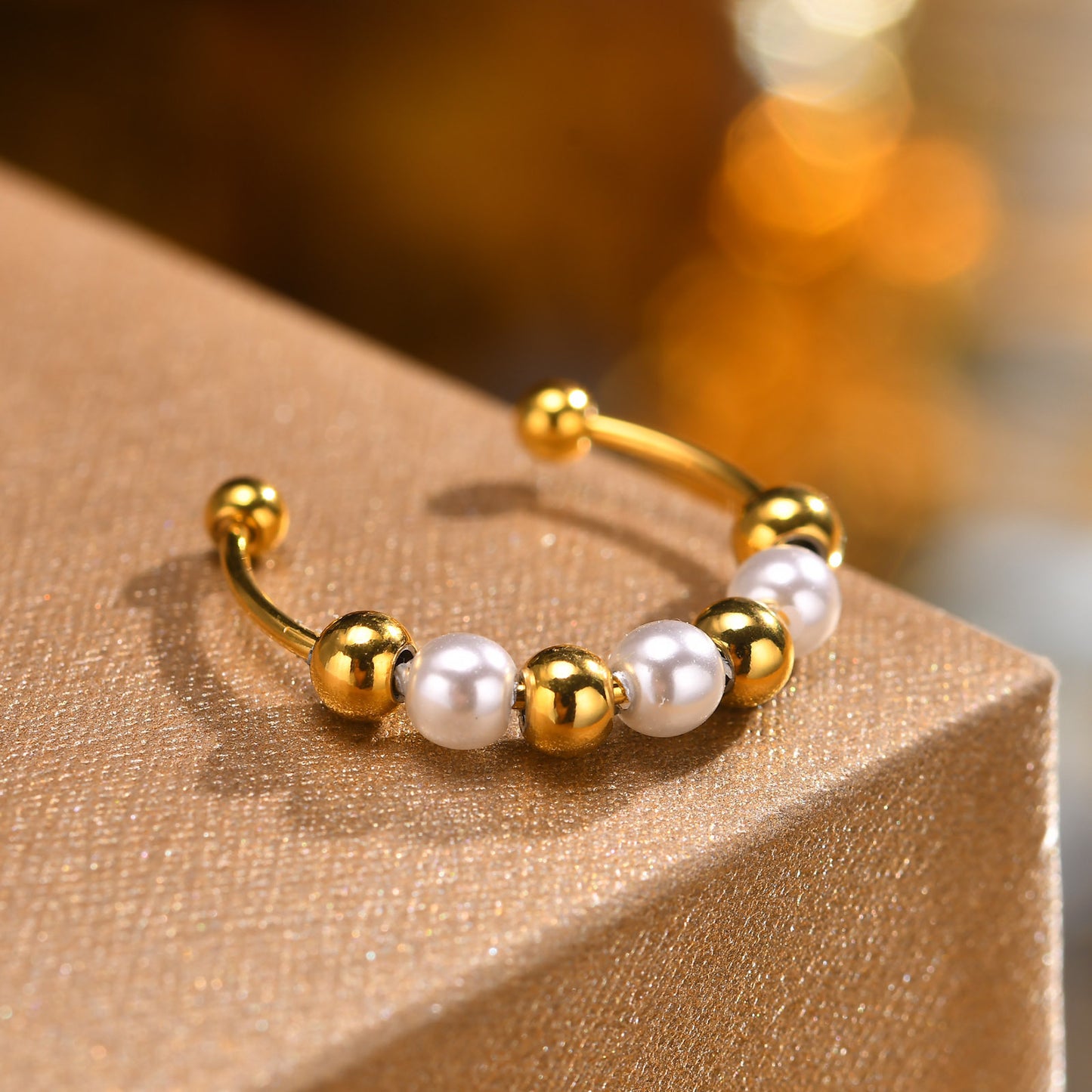 Stainless Steel Imitation Pearl Beaded Open Ring Women's Fashion Accessories Gold