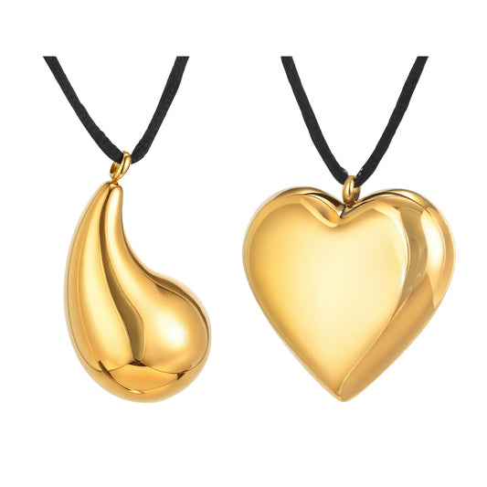 Stainless Steel Hollow Water Drop Heart Pendant Braided Rope Adjustable Necklace