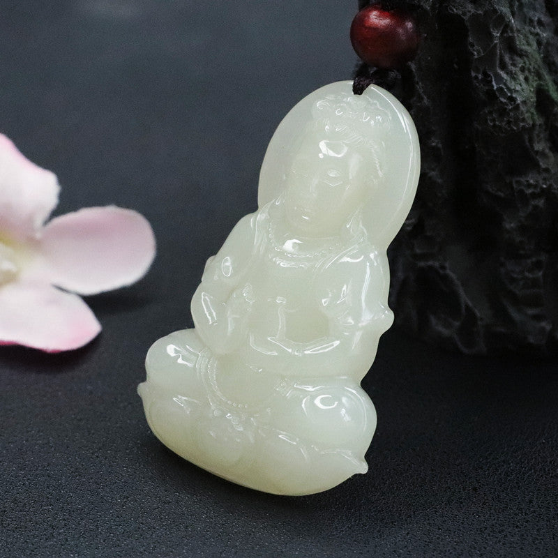 Guanyin White Jade Pendant Sterling Silver Necklace by Planderful