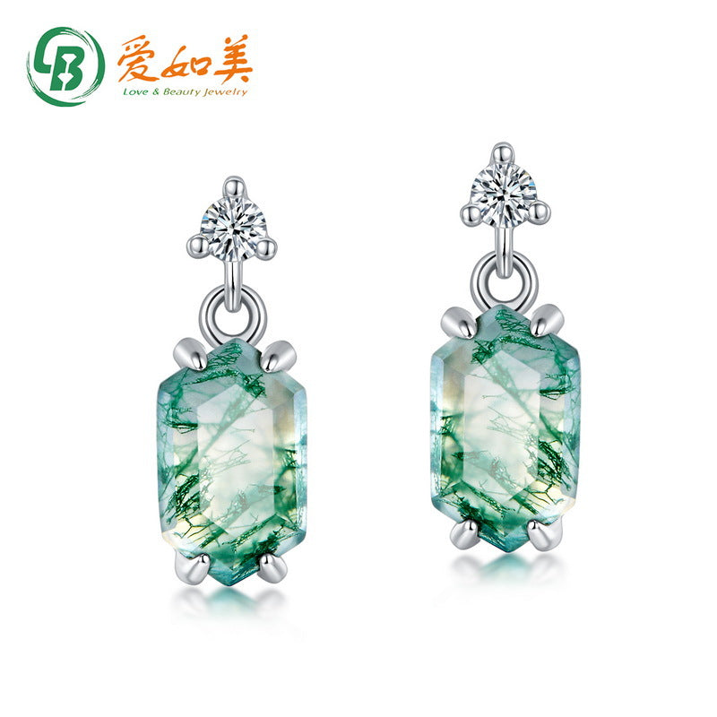 S925 Sterling Silver Moss Agate Minimalist Stud Earrings