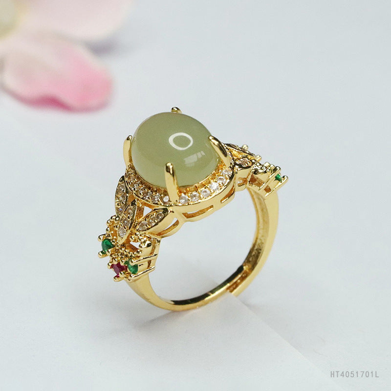 Qingshui Hetian Jade Zircon Clover Ring