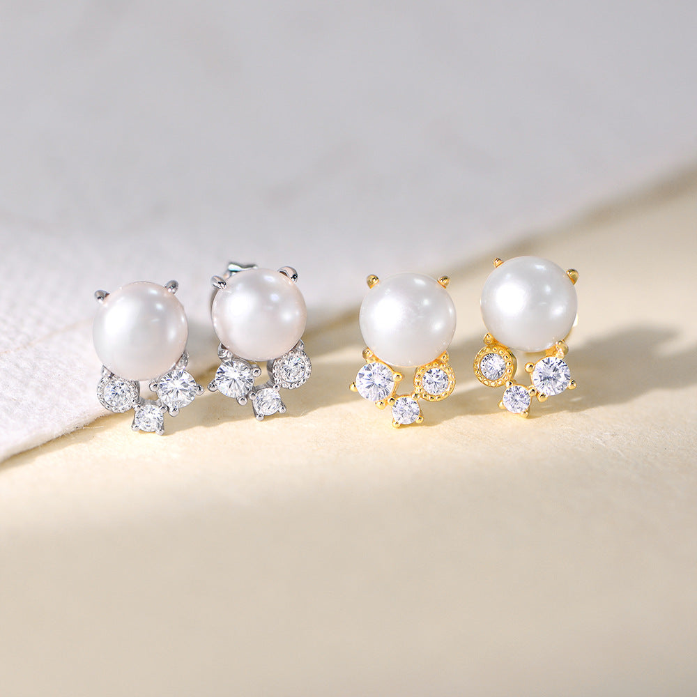 Planderful Pearl Stud Earrings S925 Sterling Silver Natural Freshwater Pearl For Women Retro Light Luxury Zircon Accent