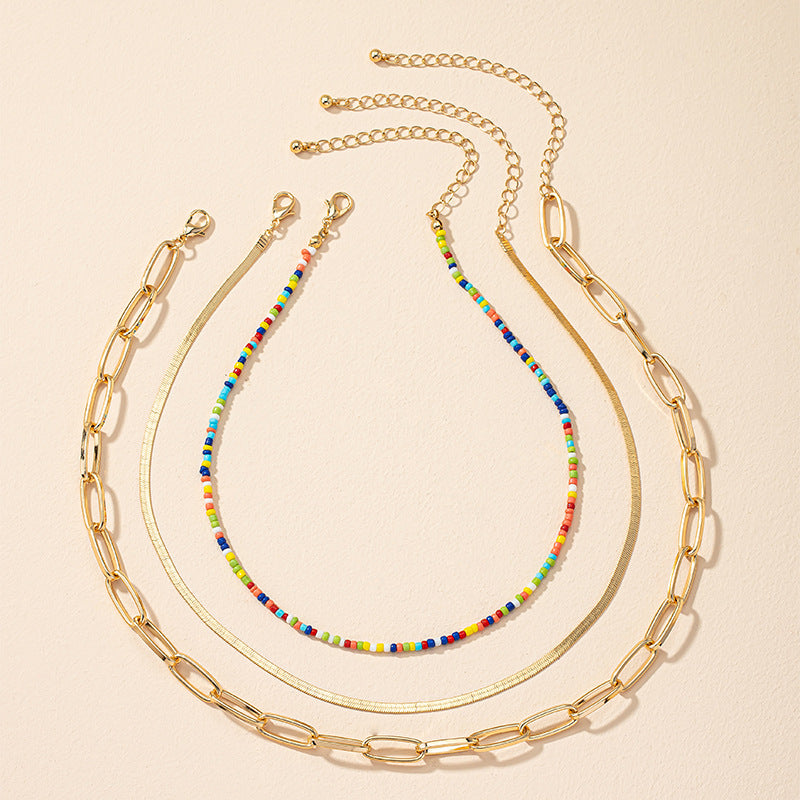 Trendy Multicolored Beaded Snake Chain Necklace Set with Niche Clavicle Chain