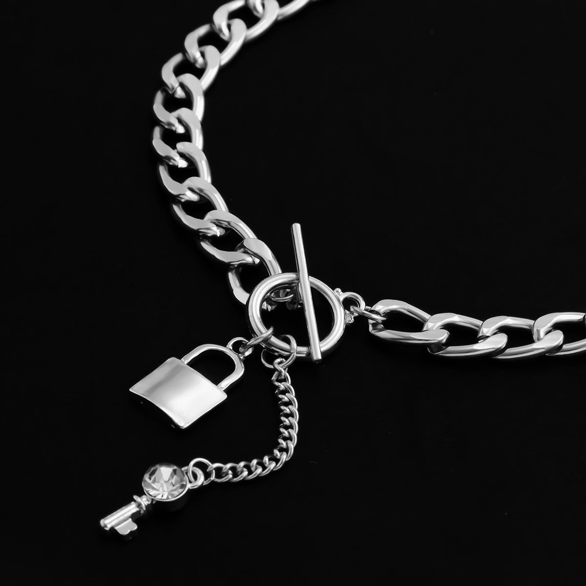 Punk Thick Chain Lock-Shaped Key Pendant Necklace Micro-Inlaid Chain Geometric Ot Buckle