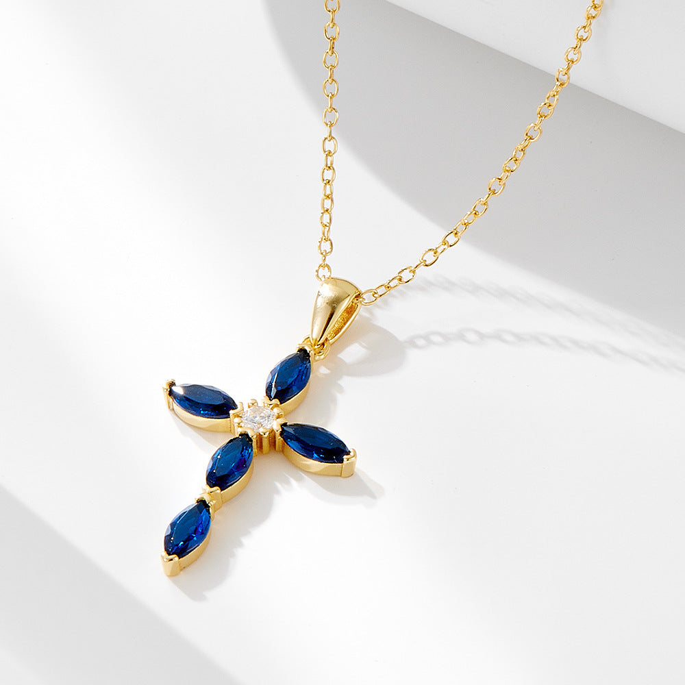 Elegance And Luxurious Full Zircon Cross Sterling Silver Necklace, Blue Pendant