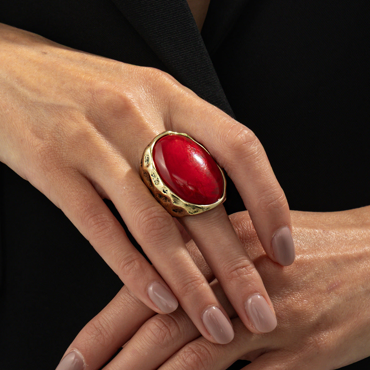 Planderful Vienna Verve Retro Redstone Oval Ring Wide Face Statement Jewelry For Women